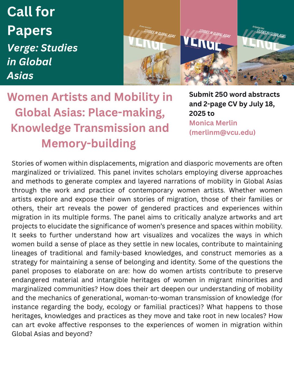 Reminder
Verge sponsored panels for the Association for Asian Studies (AAS) 2026 Conference are seeking papers. Interested parties please see attached or go to: bit.ly/44EEGrj
Submission Deadline: July 18, 2025