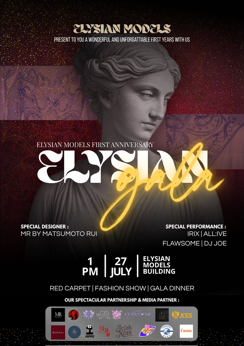 ㅤ
ㅤ
       A celebration of timeless 𝘣𝘦𝘢𝘶𝘵𝘺 
       regal 𝘴𝘱𝘪𝘳𝘪𝘵, and 𝘧𝘢𝘴𝘩𝘪𝘰𝘯 at it's
       most majestic

       ELYSIAN MODELS ∘₊✧ ─────── ✧₊∘
       FIRST ANNIVERSARY: 𝐄𝐋𝐘𝐒𝐈𝐀𝐍 𝐆𝐀𝐋𝐀
       #ElysianGala2025 

ㅤ