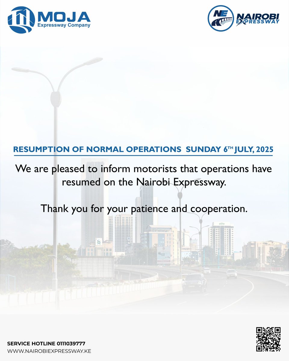 The Nairobi Expressway is now fully open for traffic following the successful 4th Edition of the Nairobi City Marathon.💯
Thank you for your patience and support.
Safe travels😃

#MOJAExpressway #NairobiExpressway #ExpresswayKenya #NCM2025 #comfort #convenience #connectivity