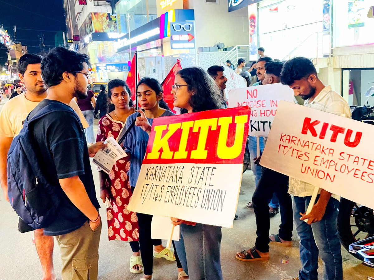 kitu_hq's tweet image. Street by street, gate by gate, the resistance grows in Bangalore.
IT employees, under the banner of the Karnataka State IT/ITeS Employees Union (KITU), are preparing for a strong fightback against the Karnataka government's move to extend working hours.
Resist #12hrWorkDay