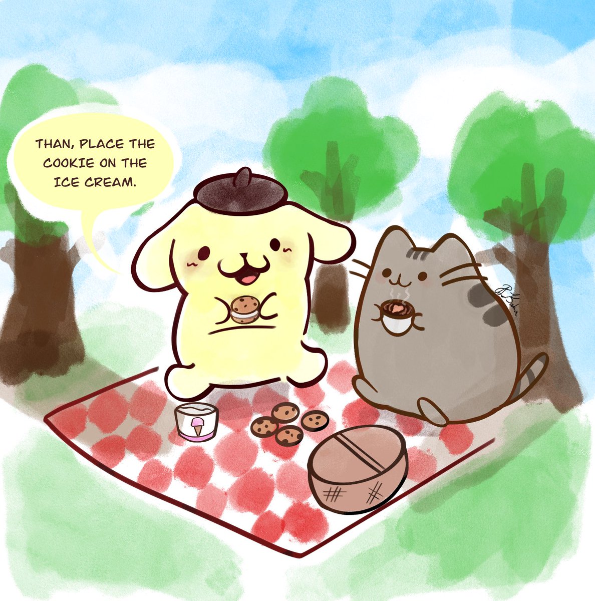 AKahn_a's tweet image. Pompompurin and pusheen, enjoying a nice picnic. (˶˃ ᵕ ˂˶)
