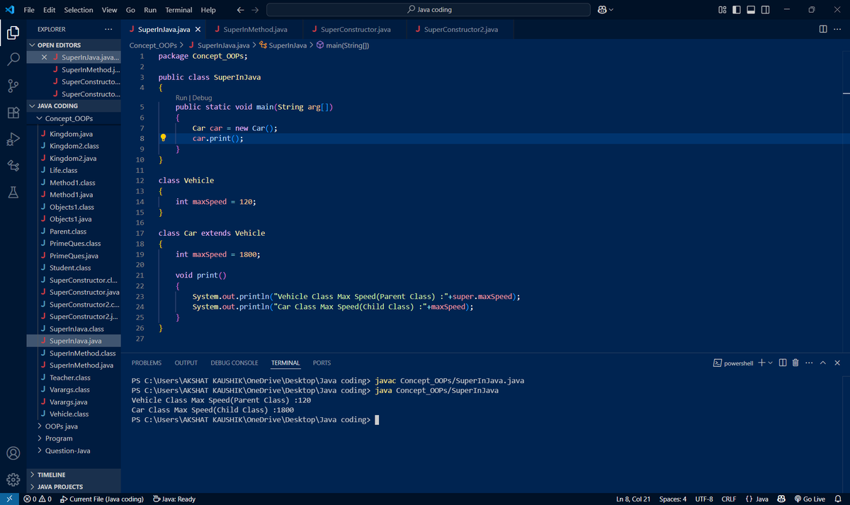 kaushk_akshat's tweet photo. CONCEPT 

Super Keyword
>> Basically, it helps in calling the methods and objects of the Parent class from the child class
#Java #OOPs #Concept #superkeyword #CodingJourney https://t.co/kVNy9LdUkX