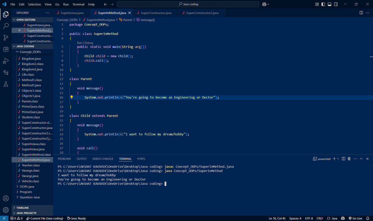 kaushk_akshat's tweet photo. CONCEPT 

Super Keyword
>> Basically, it helps in calling the methods and objects of the Parent class from the child class
#Java #OOPs #Concept #superkeyword #CodingJourney https://t.co/kVNy9LdUkX
