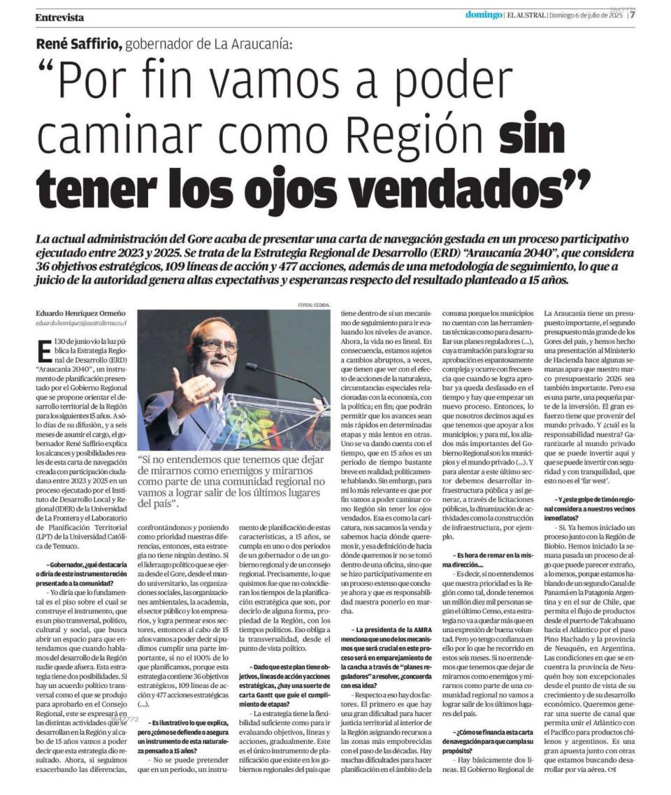 Les dejo publicación de hoy domingo de El Austral de La Araucanía respecto de la entrega en Cautin y Malleco de la Estrategia Regional de Desarrollo 2040. Quienes deseen ver el texto completo pueden descargarlo desde gorearaucania.cl