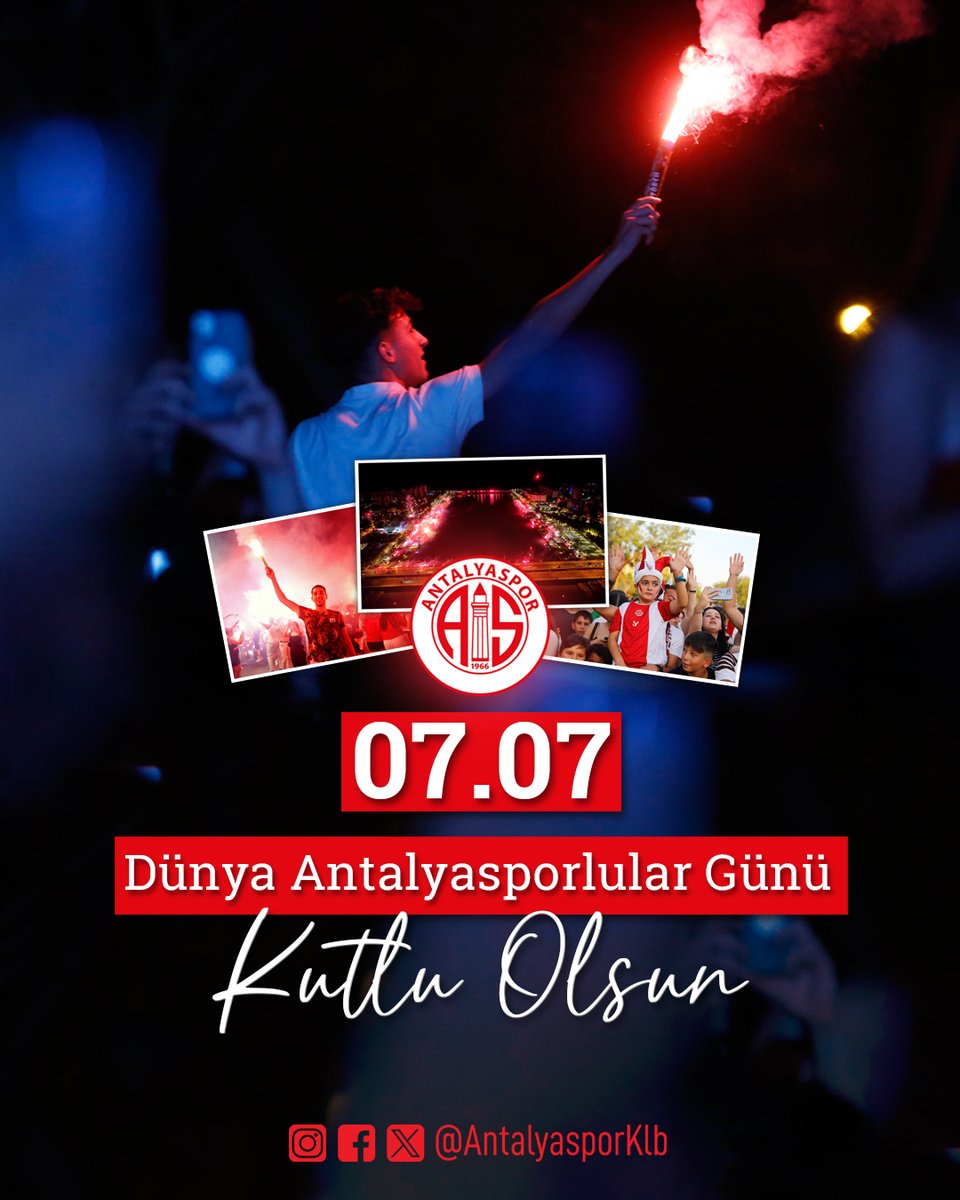 🎉 07.07 Dünya Antalyasporlular Günü Kutlu Olsun!
🔥 Haydi Antalyaspor için #BirMeşaledeSenYak !

🗓️ 07.07.2025 Pazartesi
⏰ 21.00
📍 Boğaçayı Köprüsü (Konyaaltı)

#Antalyaspor
#SevdamızAntalyaspor