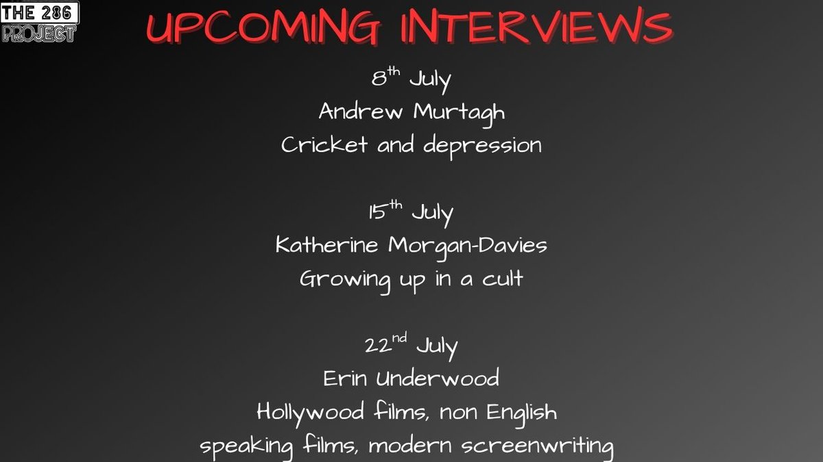 The 286 Project (@the286project) on Twitter photo Upcoming interviews on <a href="/the286project/">The 286 Project</a>.
<a href="/ErinUnderwood/">Erin Underwood</a> <a href="/PitchPublishing/">Pitch Publishing 📚 Sports Books</a> <a href="/GenxAnecdotes/">GenX Woman 🍸</a> <a href="/RealKeriSmith/">Keri Smith 🌱Deprogrammed</a> <a href="/oldspeak_books/">Oldspeak Bookshop 📚</a> <a href="/PlatoonPod/">The Little Platoon</a> <a href="/ProfDHayes/">Dennis Hayes</a> <a href="/KingBobIIV/">Queen Bee</a> <a href="/nomad_dissident/">Kieran</a>
#cricket #depression #cult #films #hollywood #screenwriting #movies Upcoming interviews on <a href="/the286project/">The 286 Project</a>.
<a href="/ErinUnderwood/">Erin Underwood</a> <a href="/PitchPublishing/">Pitch Publishing 📚 Sports Books</a> <a href="/GenxAnecdotes/">GenX Woman 🍸</a> <a href="/RealKeriSmith/">Keri Smith 🌱Deprogrammed</a> <a href="/oldspeak_books/">Oldspeak Bookshop 📚</a> <a href="/PlatoonPod/">The Little Platoon</a> <a href="/ProfDHayes/">Dennis Hayes</a> <a href="/KingBobIIV/">Queen Bee</a> <a href="/nomad_dissident/">Kieran</a>
#cricket #depression #cult #films #hollywood #screenwriting #movies