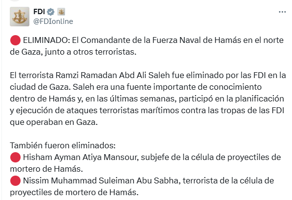#EsNoticia | Abatidos comandante naval de Hamás y miembros clave de su célula de morteros

📲 Más en EVTV.online
