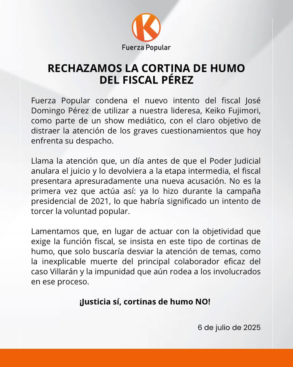 #Pronunciamiento: Esta es la posición de Fuerza Popular frente a las maniobras que buscan utilizar a nuestra lideresa Keiko Fujimori como cortina de humo para encubrir la inoperancia fiscal en el caso Villarán.