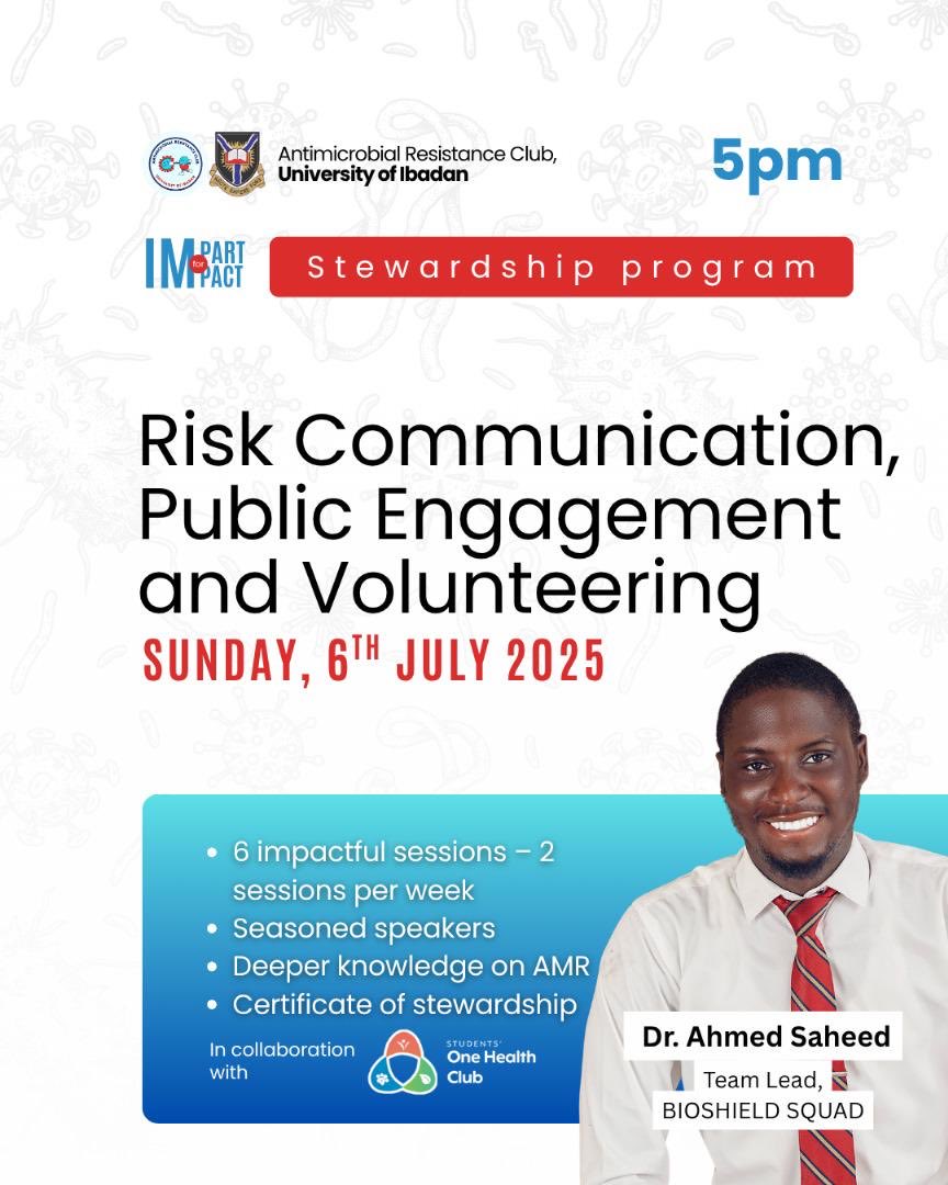 Later today, I’ll be speaking on Risk Communication and Public Engagement in Antimicrobial stewardship program organized by Antimicrobial Resistance club University of Ibadan.  <a href="/amr_program/">AMR Intervarsity Training Program</a> Stay tune 🎶