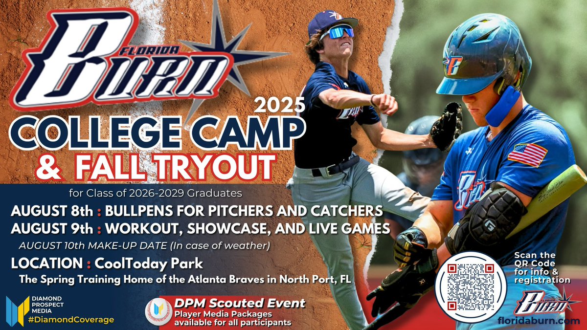 DiamondProMedia's tweet image. Excited to announce we’ll again be in attendance for the @FloridaBurn 2025 College Camp and Fall Tryout from Aug. 8-9th at @cooltodaypark. Along with live coverage throughout the event, we’ll be offering player media packages to all participants. Details to come. #DiamondCoverage