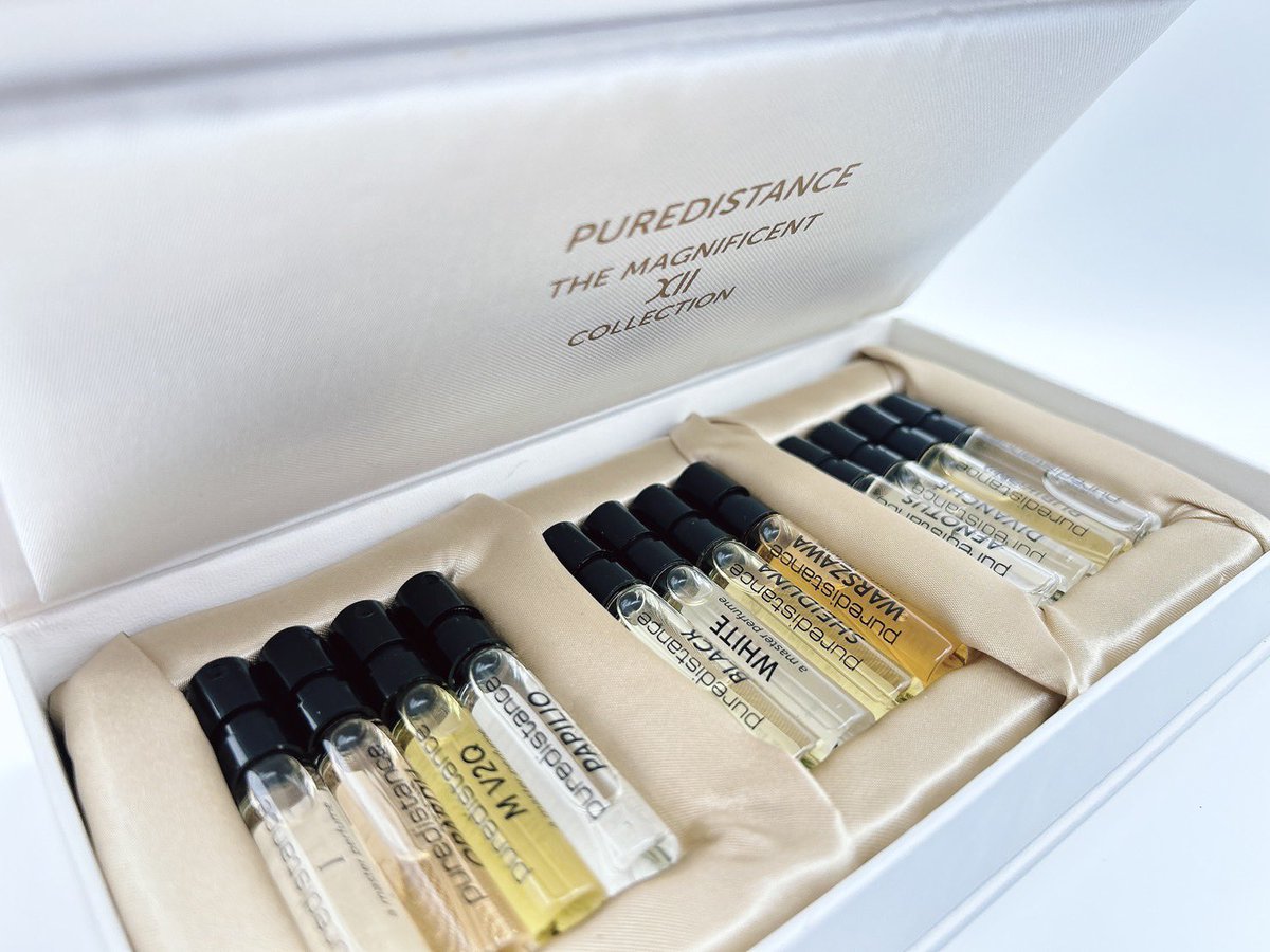 AIUEBC's tweet image. そういえば6月に買ってたんだった。
フルボトルじゃないから1本カウントにはナラナイネ。

パピリオがホシイデス！

Puredistance Giftset (Magnificent XII collection Gen.4)

 #ピュアディスタンス
 #Puredistance
 #香水