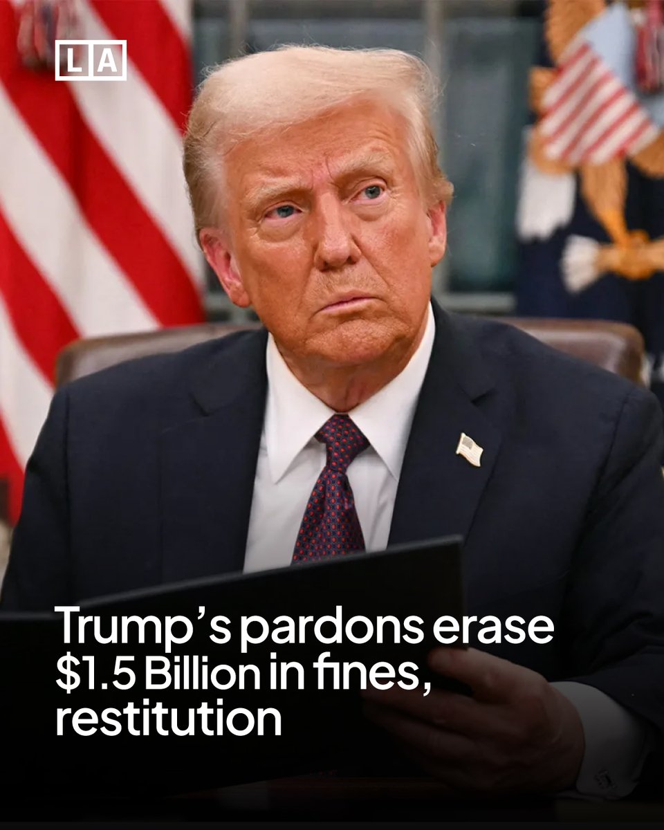 Liveaxismedia's tweet photo. President Donald Trump’s pardons and commutations have erased over $100 million in fines owed to the federal government and $1.5 billion in restitution meant for victims.

#Trump #USPolitics #Pardons #Justice #Accountability #WhiteHouse #America #LiveAxisMedia https://t.co/hrZX6IDmPP