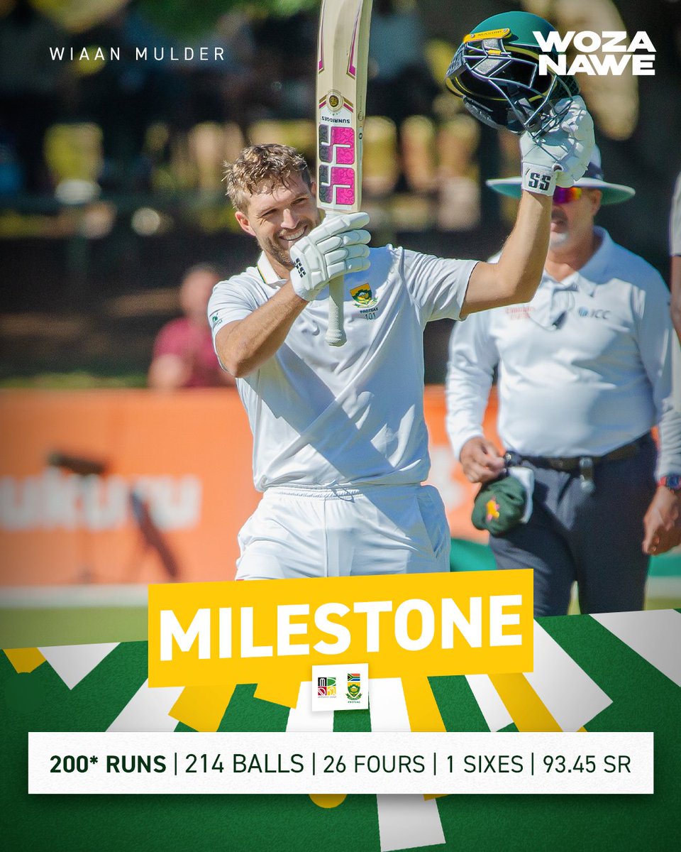Wiaan Mulder brings up a sensational double century! 💪🔥 

An absolutely phenomenal innings, showcasing pure class and composure on Day 1 of this second Test. 🇿🇦 

Take a bow, skipper! 👏🏏 

#WozaNawe