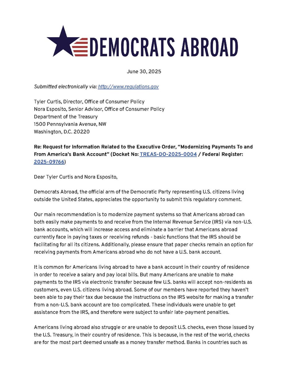 DemsAbroadCan's tweet photo. Read Democrats Abroad Taxation Task Force submission for @USTreasury's open comment period on the Executive Order, "Modernizing Payments To and From America’s Bank Account". Read more on @demsabroadtax website:
https://t.co/f6DRT0phNH #expattax https://t.co/VdoBhYyTAV