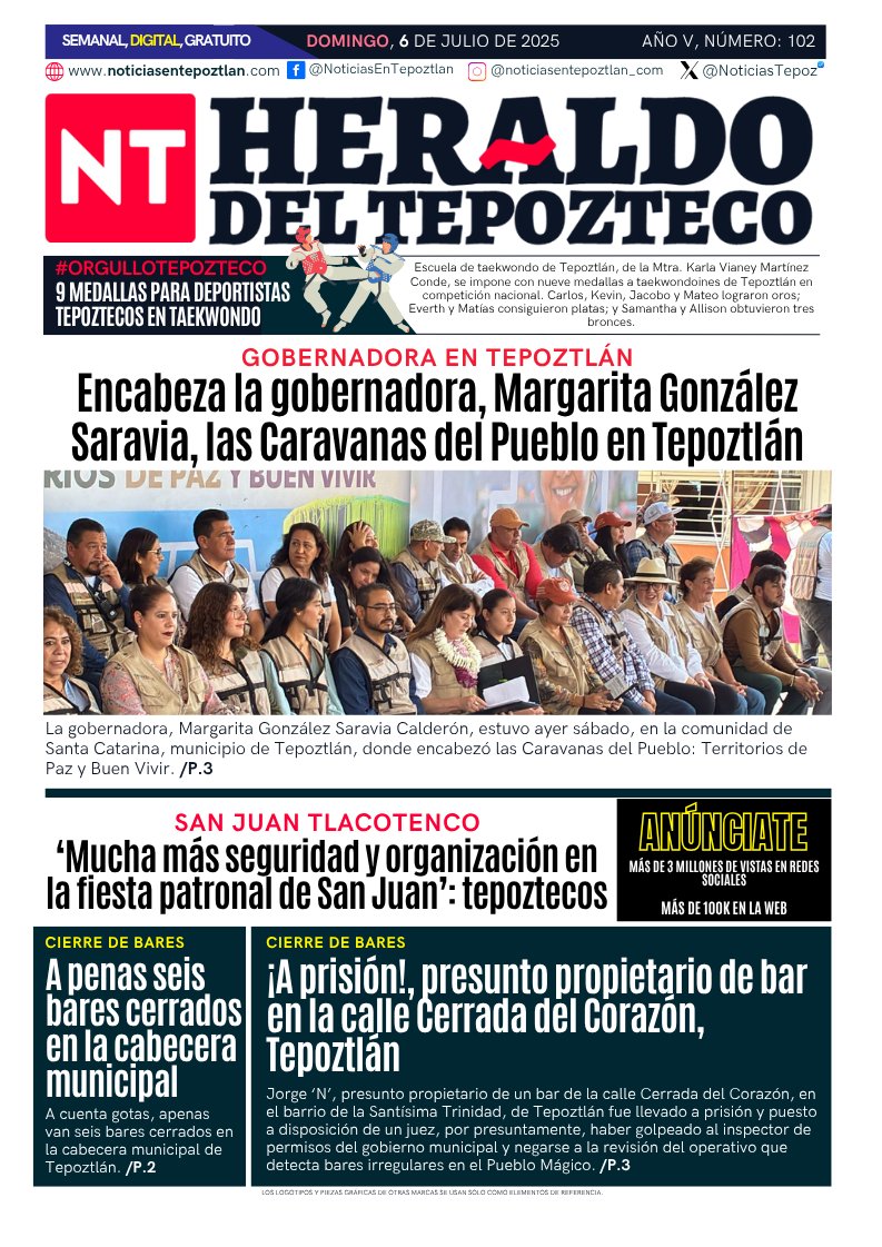 📰🗞️¡Ya está disponible el #HeraldoDelTepozteco de este domingo, 6 de julio de 2025!
Léelo y descárgalo aquí: noticiasentepoztlan.com/2025/07/HDT102…