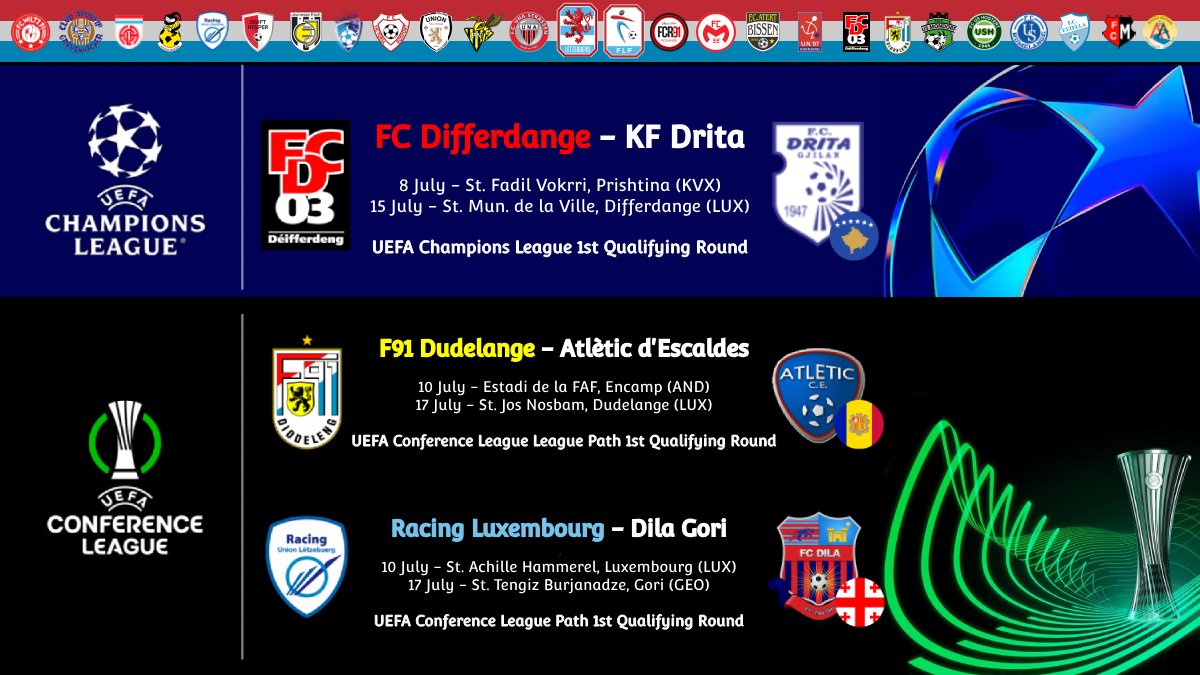 🧵THREAD

The bloodbath known as UEFA Qualifying Rounds is about to begin this week and our 🇱🇺 #Luxembourg representants are ready to face their opponents in their respective tournaments. As always, here are some interesting historical facts and information about these matchups: