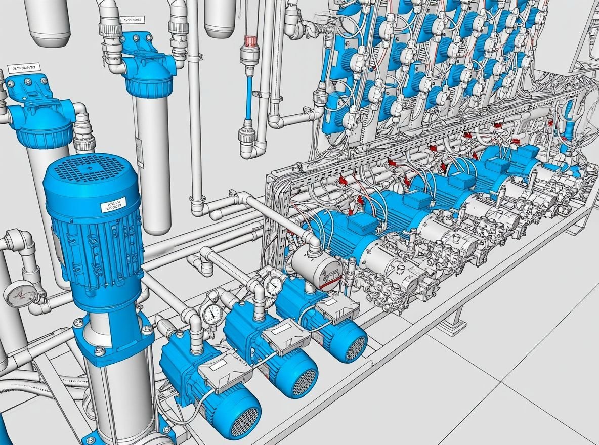 manchatz's tweet image. Playing around with Flux models. I've asked to generate a CAD-style image from a technical equipment image. Very useful for web hero backgrounds or as material for catalogs.