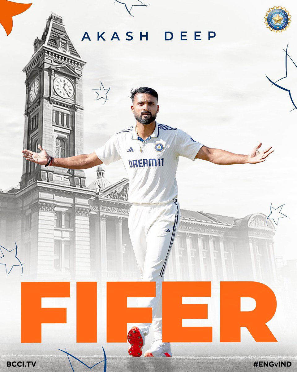 BCCI (@bcci) on Twitter photo Maiden FIFER in Test cricket for Akash Deep ✅ 🙌
Updates ▶️ bit.ly/ENGvIND-2ndTES… #ENGvIND
#TeamIndia | #ENGvIND Maiden FIFER in Test cricket for Akash Deep ✅ 🙌
Updates ▶️ bit.ly/ENGvIND-2ndTES… #ENGvIND
#TeamIndia | #ENGvIND