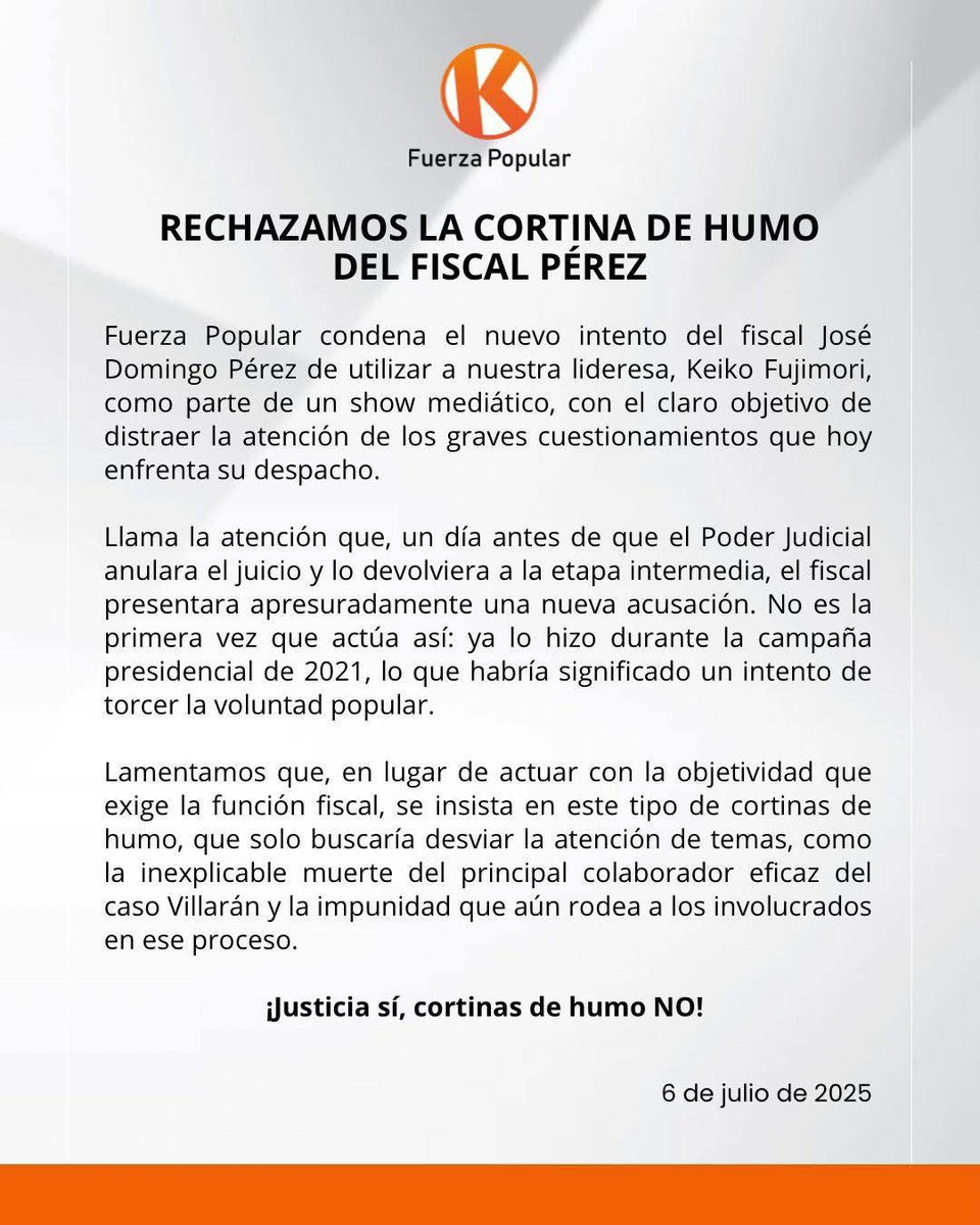 Cortina de humo. 
Acusación de JDP en contra de <a href="/KeikoFujimori/">Keiko Fujimori</a> es una grosera y recurrente cortina de humo que busca tapar escandaloso ASESINATO de José Miguel Castro, cómplice de la corrupta Susana Villarán. JDP con el apoyo de la prensa caviar y la ONG asalariada de la corrupta