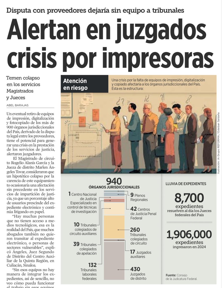 En México ya no se pueden imprimir sentencias. En juzgados federales no hay tóner, no hay papel, las impresoras multifuncionales están descompuestas o a punto de ser retiradas por un pleito con el proveedor. Algunos tribunales han tenido que suspender notificaciones físicas.