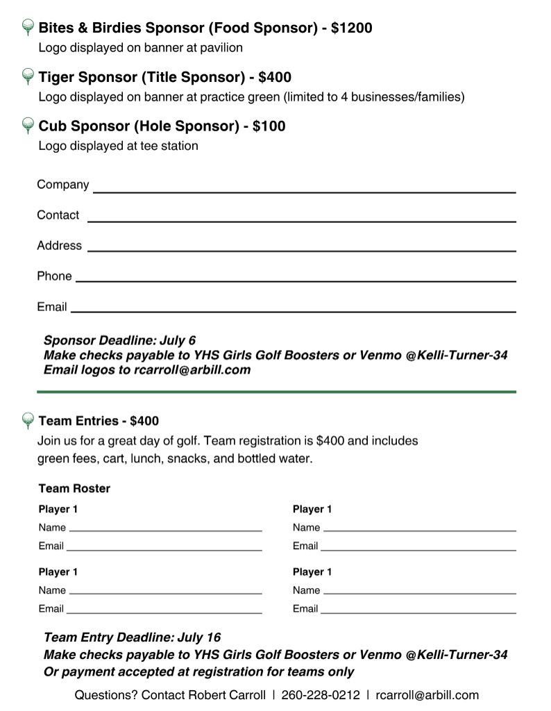 Yorktown Tigers Golf (@yorktowngolf) on Twitter photo Tiger Golf Fans, there is still time to sign up for our 2025 Booster Outing on July 19th.
All proceeds go directly toward our golf programs.
Feel free to DM me with questions.
To sign up, email--
Coach Carroll
rcarroll@arbill.com Tiger Golf Fans, there is still time to sign up for our 2025 Booster Outing on July 19th.
All proceeds go directly toward our golf programs.
Feel free to DM me with questions.
To sign up, email--
Coach Carroll
rcarroll@arbill.com