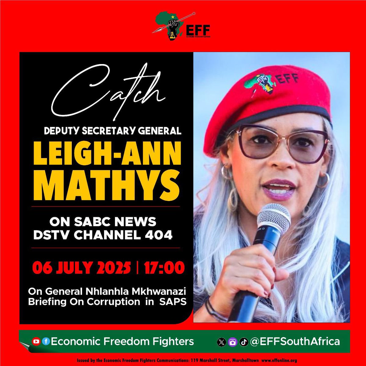 Economic Freedom Fighters (@effsouthafrica) on Twitter photo ♦️Happening Today♦️
Catch the EFF Deputy Secretary General <a href="/LeighAnnMathys/">LeighAnn Mathys</a> on SABC News, DSTV Channel 404, today at 17H00, as she discusses General Mkhwanazi’s briefing on corruption in SAPS.
The briefing lays bare the existence of a powerful, organised criminal syndicate ♦️Happening Today♦️
Catch the EFF Deputy Secretary General <a href="/LeighAnnMathys/">LeighAnn Mathys</a> on SABC News, DSTV Channel 404, today at 17H00, as she discusses General Mkhwanazi’s briefing on corruption in SAPS.
The briefing lays bare the existence of a powerful, organised criminal syndicate
