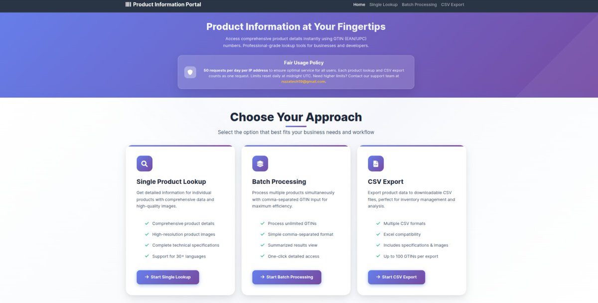 fesabelilla's tweet photo. 🚀 Just launched our new, user-friendly Product Info Portal!

🔍 Lookup products by GTIN (EAN/UPC)

⚙️ Single, Batch &amp; CSV Export
📦 Fast, smart &amp; scalable for devs &amp; teams

🌐 Try now: https://t.co/9v9CqpHTt4
📧 nuzatech19@gmail.com
#NuZaTech #SaaS #GTIN #AItools https://t.co/jCvurlqkRR
