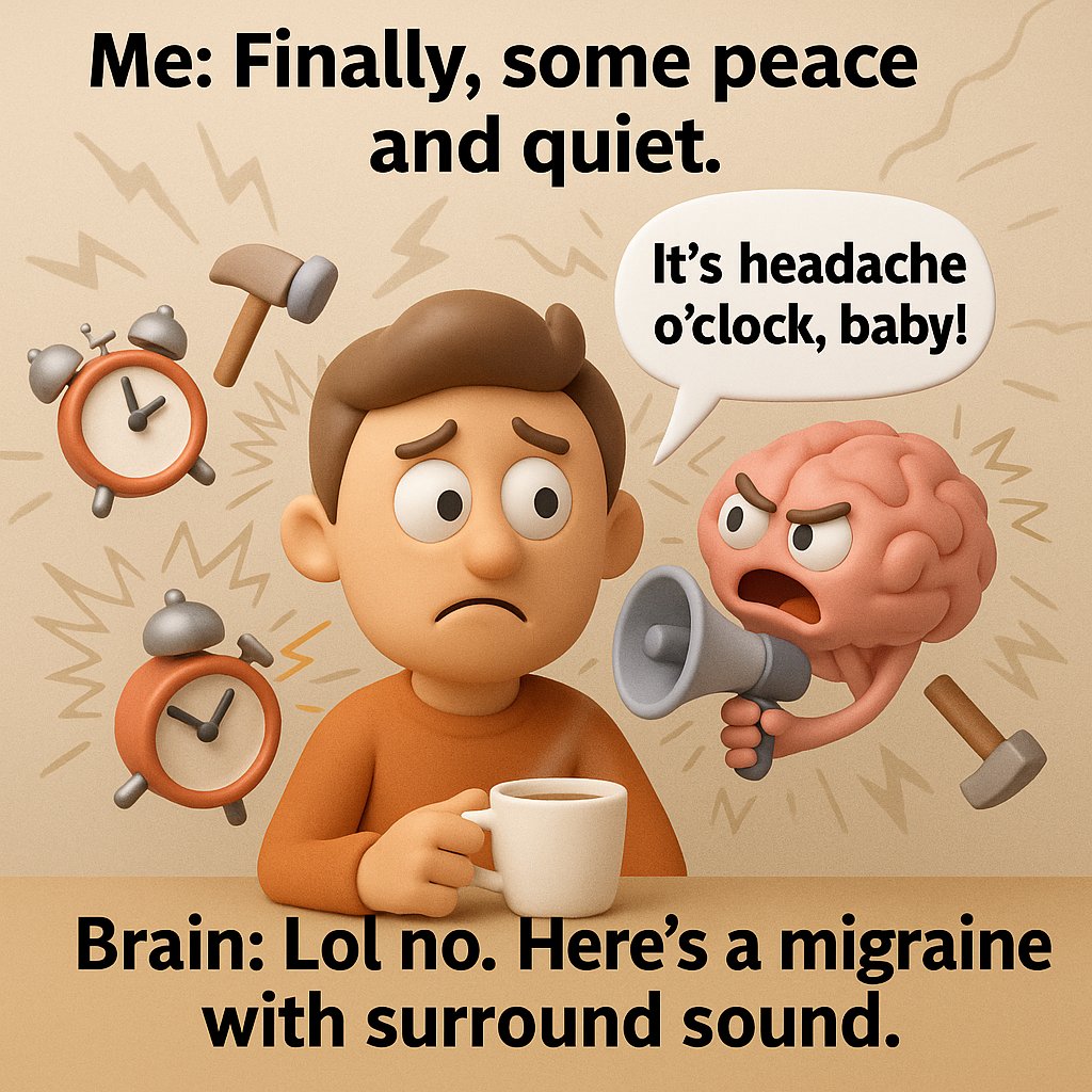 ItHurtscom's tweet image. 🧘‍♀️ Me: “Finally, some peace and quiet.”
📢 Brain: “Guess what time it is? HEADACHE O’CLOCK!”
🥁 Now featuring: pounding temples and imaginary cymbals.
🔗 Silence the chaos → ithurts.com/best-reviewed-…
#HeadacheRelief #MigraineRelief #ChronicPainHumor #SpoonieLife #FunnyHealthMeme…
