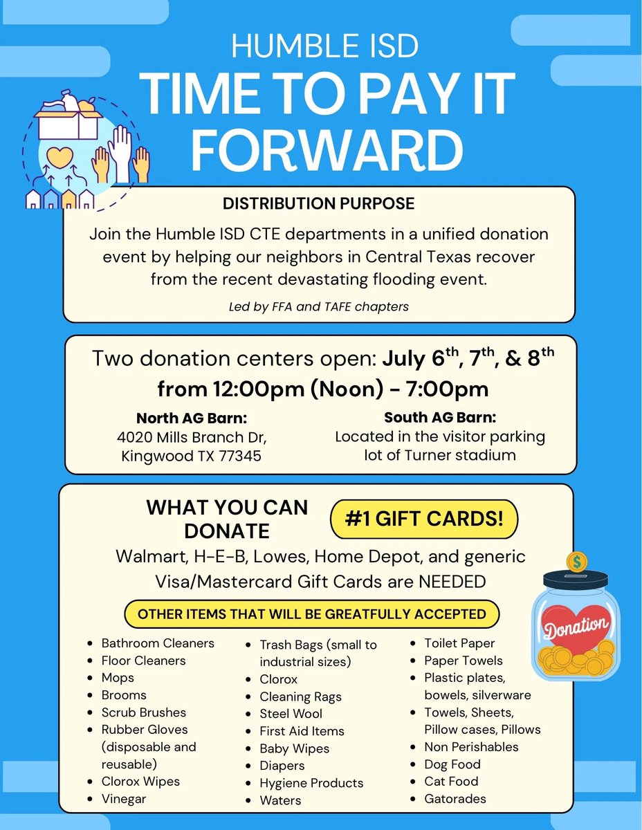 🚨 Humble ISD CTE is hosting a Flood Relief Drive to support Hill Country communities!

🗓 Sun–Tues | ⏰ 12–7 PM
📍 Both Ag Barns
🎁 Gift cards &amp; essential items welcome!

Let’s help our neighbors in need. Please share! 💙 #HumbleISD #CTEcares