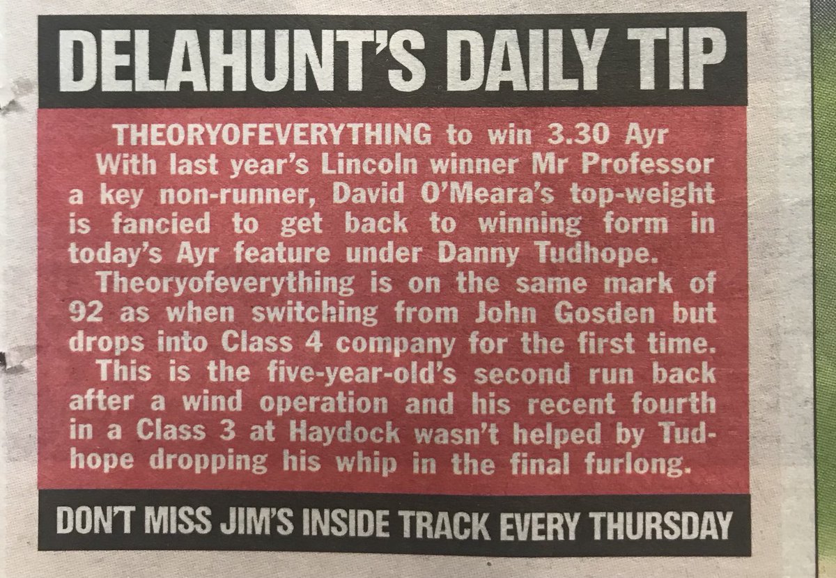 Jim Delahunt (@jimdelahunt) on Twitter photo THEORYOFEVERYTHING lands the Sunday daily (nap) <a href="/scotsunsport/">Scottish Sun Sport</a> at 7/4 (from 5/2) <a href="/ayrracecourse/">Ayr Racecourse</a> 🏇 THEORYOFEVERYTHING lands the Sunday daily (nap) <a href="/scotsunsport/">Scottish Sun Sport</a> at 7/4 (from 5/2) <a href="/ayrracecourse/">Ayr Racecourse</a> 🏇