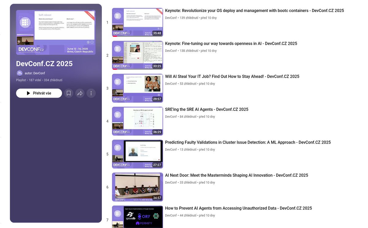 x14c3's tweet image. Byly zveřejněny videozáznamy a prezentace, dostupné z programu pretalx.devconf.info/devconf-cz-202… , a fotogalerie photos.app.goo.gl/2UfSURemiMLFQV… z open source komunitní konference DevConf.CZ 2025 konané od 12. do 14. června  v Brně.
@devconf_cz #DevConf_CZ
youtube.com/playlist?list=…