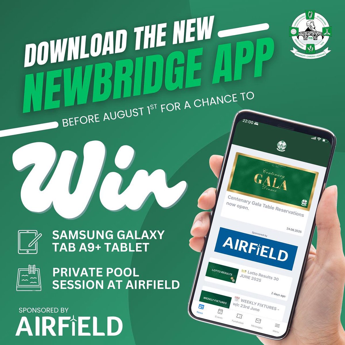 🎉 Launch Giveaway! 

Download the new Sean O’Leary GAC Newbridge app &amp; sign up with your email &amp; phone number by Aug 1st for a chance to win:

📱 Samsung Galaxy Tab A9+
🏊 Private swim at Airfield Swim Academy

Apple: apps.apple.com/app/id67464445… 
Android: play.google.com/store/apps/det…