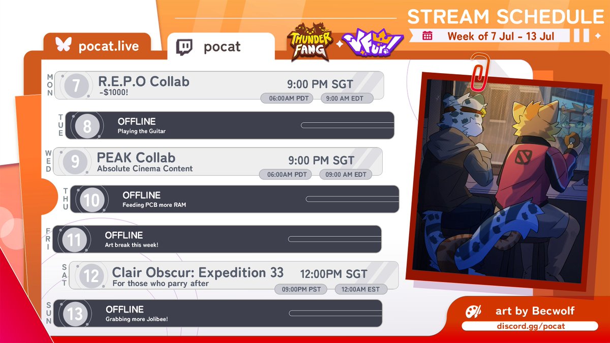 Going to be trying a new schedule, let's see how it goes!

💳 R.E.P.O. Collab with <a href="/DragonWaterdrop/">WaterdropDragon</a>   - Monday 9PM GMT+8
⛰️ PEAK Collab - Wednesday 9PM GMT+8
⚔️Clair Obscur: Expedition 33  - Saturday 12PM GMT+8

Hope to see y'all there!