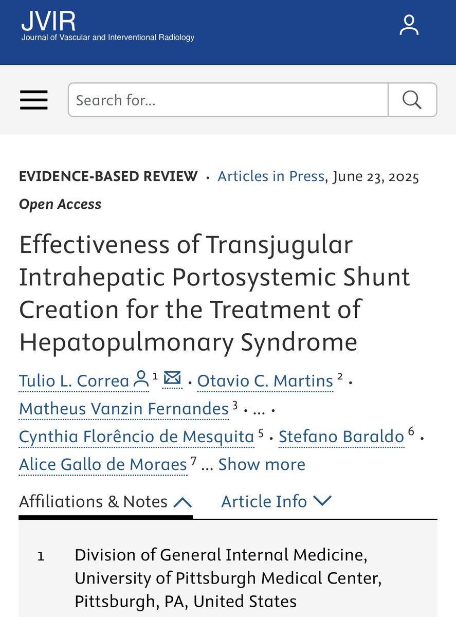 Had so much fun writing this one with <a href="/GallodeMoraesMD/">Alice Gallo, MD</a> 🫁

TIPS appears to provide a transient improvement in the oxygenation parameters of patients with HPS 

These effects are usually not sustained long-term (&gt; 3 months) ‼️

<a href="/JVIRmedia/">JVIR</a> jvir.org/article/S1051-…