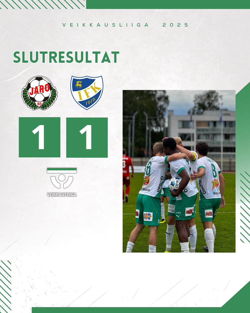 Otroligt många lägen åt båda hållen för ett segermål, men det blir sist och slutligen en poäng hem till Åland 💚

FF Jaro 1-1 IFK Mariehamn (1-0)

⚽️ 35’ 1-0 Kerfala Cissoko
⚽️ 50’ 1-1 Cody David

#IFK1919 #Veikkausliiga