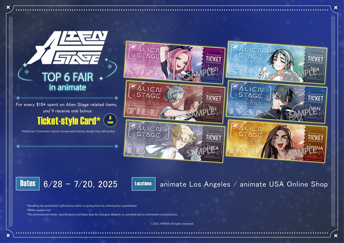 AnimateUSA's tweet image. 🎤ALIEN STAGE TOP 6 FAIR in animate NOW ON🎤
Customers will get a bonus ticket-style card with every $15 spent on #AlienStage items✨
Dates: 6/28 - 7/20, 2025
animateusaonlineshop.com/collections/al…
#ALNST