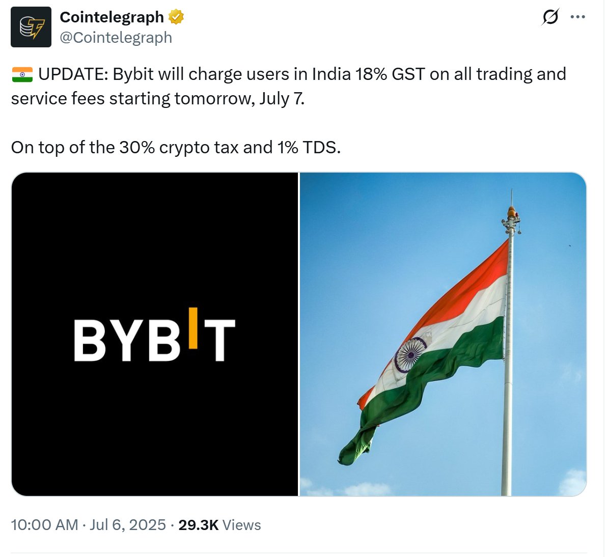 7月6日25，💥Bybit 将从明天（7 月 7 日）起，对印度用户的所有交易和服务费用收取 18% 的商品及服务税（GST）。

这将叠加在 30% 的加密货币税和 1% 的预扣税（TDS）之上。
