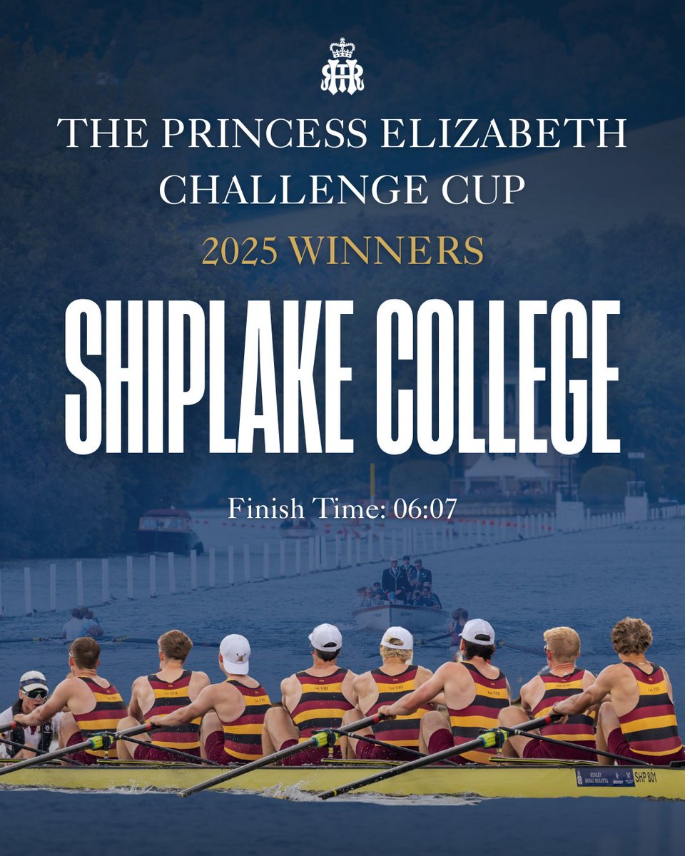 Congratulations to Shiplake College for their win in The Princess Elizabeth Challenge Cup at Henley Royal Regatta 2025 🏆 

Well done to all those who competed in this event this year 👏

📸 <a href="/allmarkone/">AllMarkOne</a>

#HRR25 #HRR2025 #HenleyRoyalRegatta #Champions