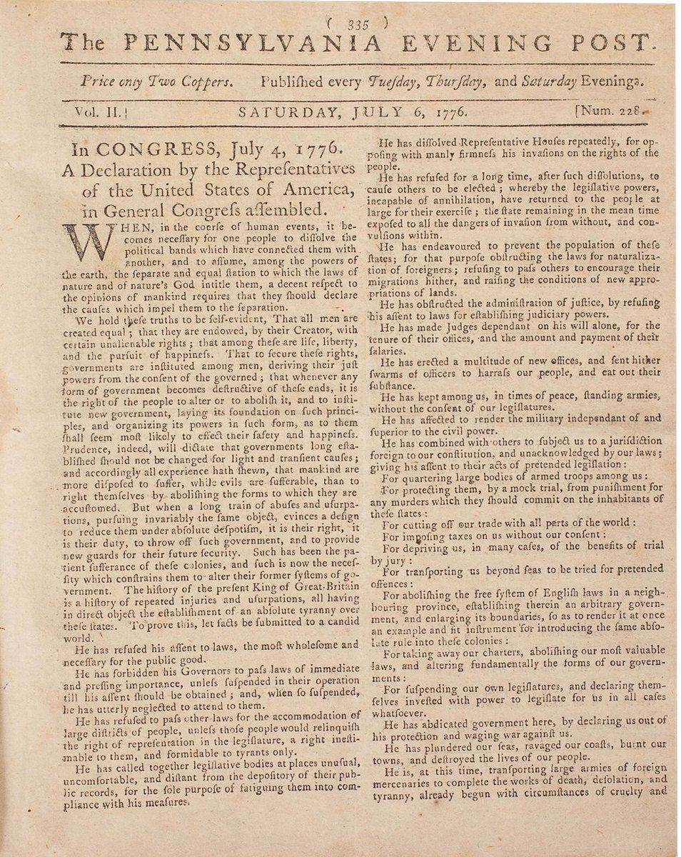 #OnThisDay in 1776, the Pennsylvania Evening Post presented the first newspaper printing of the newly adopted Declaration of Independence. Most Americans read or heard the words of the Declaration via newspapers and printed broadsides.

In our collection: bit.ly/46PMm9x