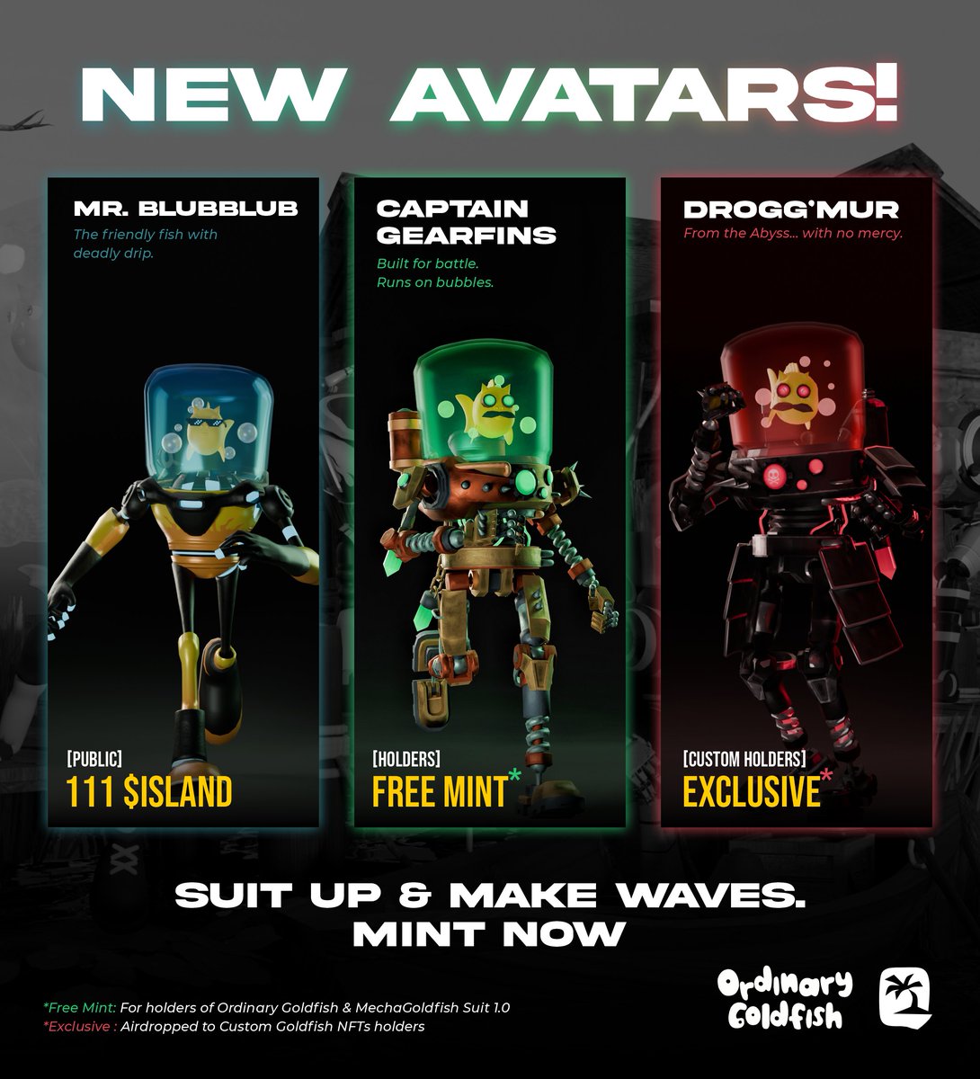 Ordinary Goldfish | NFT (@ordnrygoldfish) on Twitter photo 🚨 3 NewGoldfish Avatars just dropped on <a href="/Nifty_Island/">Nifty Island 🏝</a> 🏝
🐟 Mr. BlubBlub — Public Mint for just 111 $ISLAND
⚙️ Captain Gearfins — Free mint for all Ordinary Goldfish & MechaGoldfish 1.0 holders
🐉 Drogg’mur — Airdropped to Custom Goldfish NFTs holders
🔗Link on the reply 👇 🚨 3 NewGoldfish Avatars just dropped on <a href="/Nifty_Island/">Nifty Island 🏝</a> 🏝
🐟 Mr. BlubBlub — Public Mint for just 111 $ISLAND
⚙️ Captain Gearfins — Free mint for all Ordinary Goldfish & MechaGoldfish 1.0 holders
🐉 Drogg’mur — Airdropped to Custom Goldfish NFTs holders
🔗Link on the reply 👇