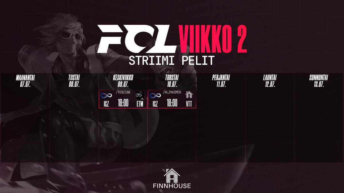 🟥 FCL VIikko 2 lähestyy! 🟥

Viikon streamattavat pelit löydät kuvasta 
– lisää infoa &amp; aikataulut Discordista.

📌 Liity mukaan: discord.gg/finnhouse