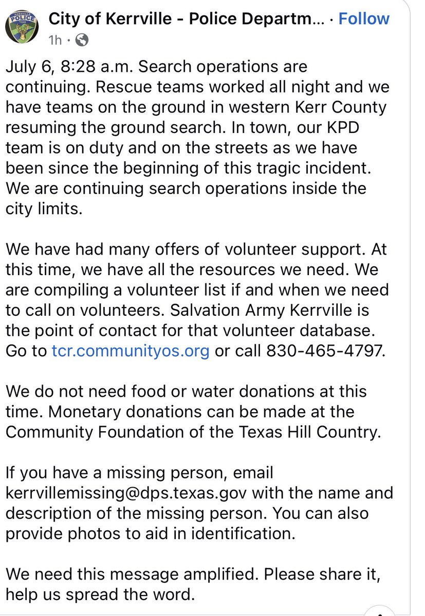 From the City of Kerrville. Donations can overwhelm jurisdictions in these types of situations. See the msg below how you can help through established funds #txwx