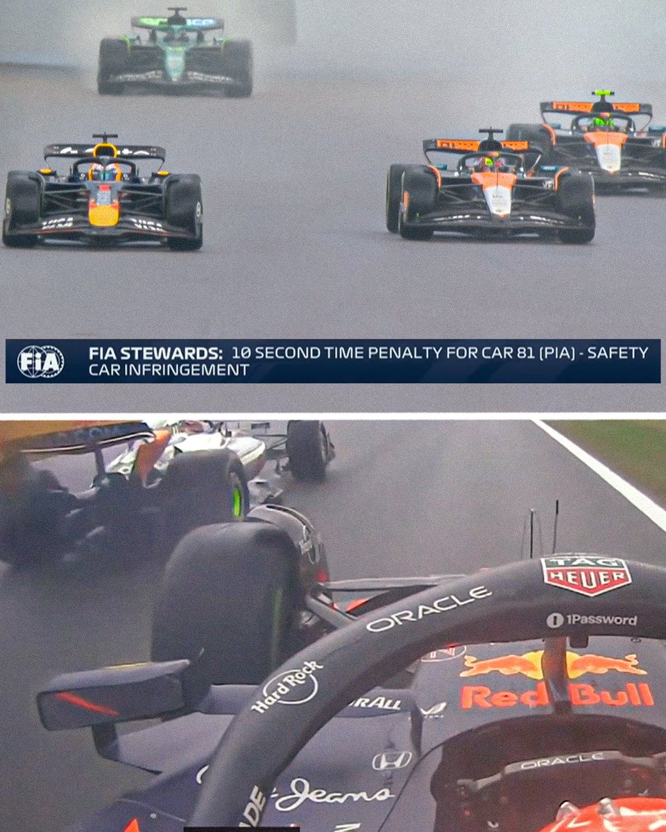 SkySportsF1's tweet image. It's a 10-second penalty for race leader Oscar Piastri after slowing down too much on the Safety Car restart! ⚠️