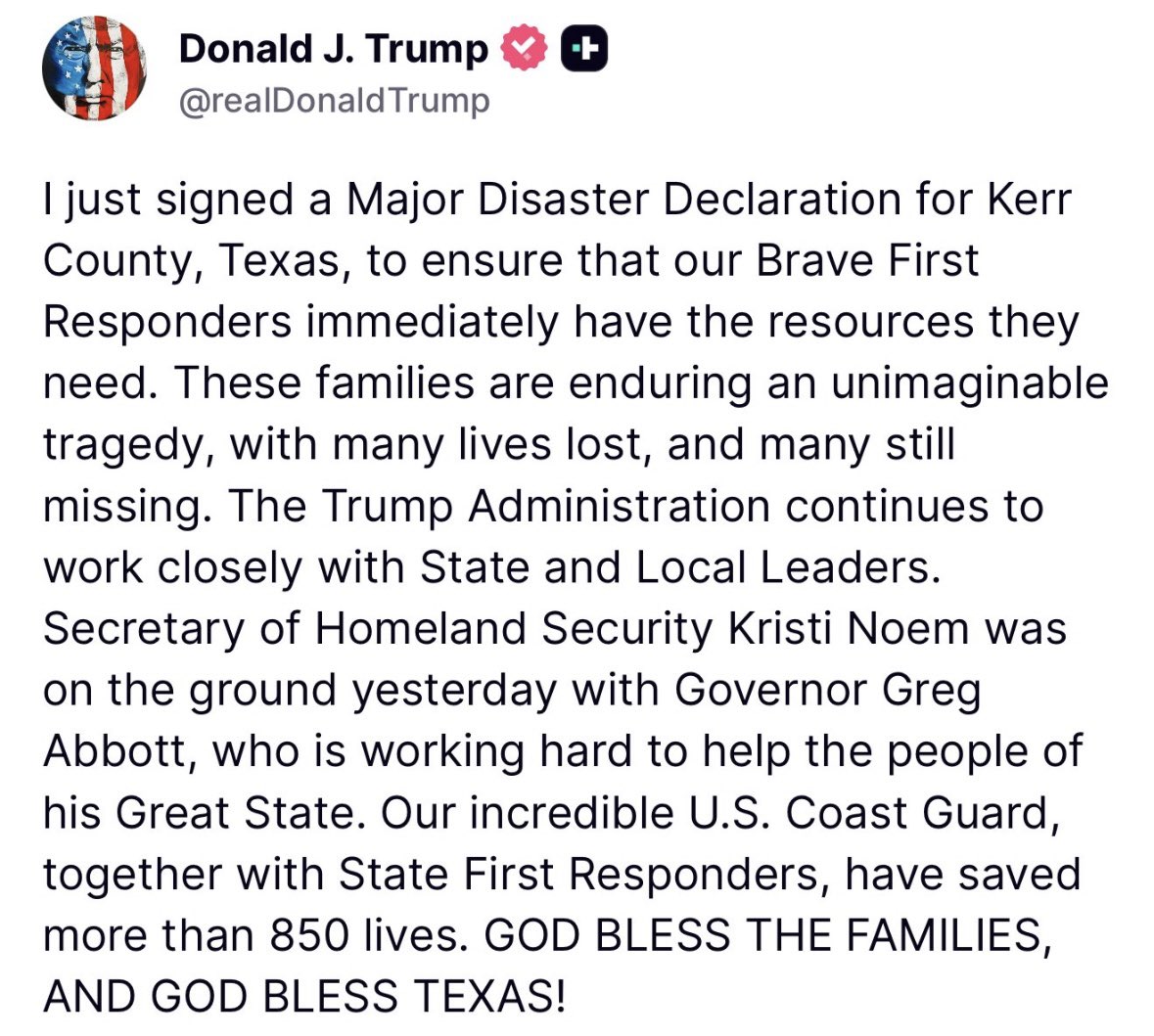 President Trump announces Major Disaster Declaration to assist the state of Texas with flooding disaster: