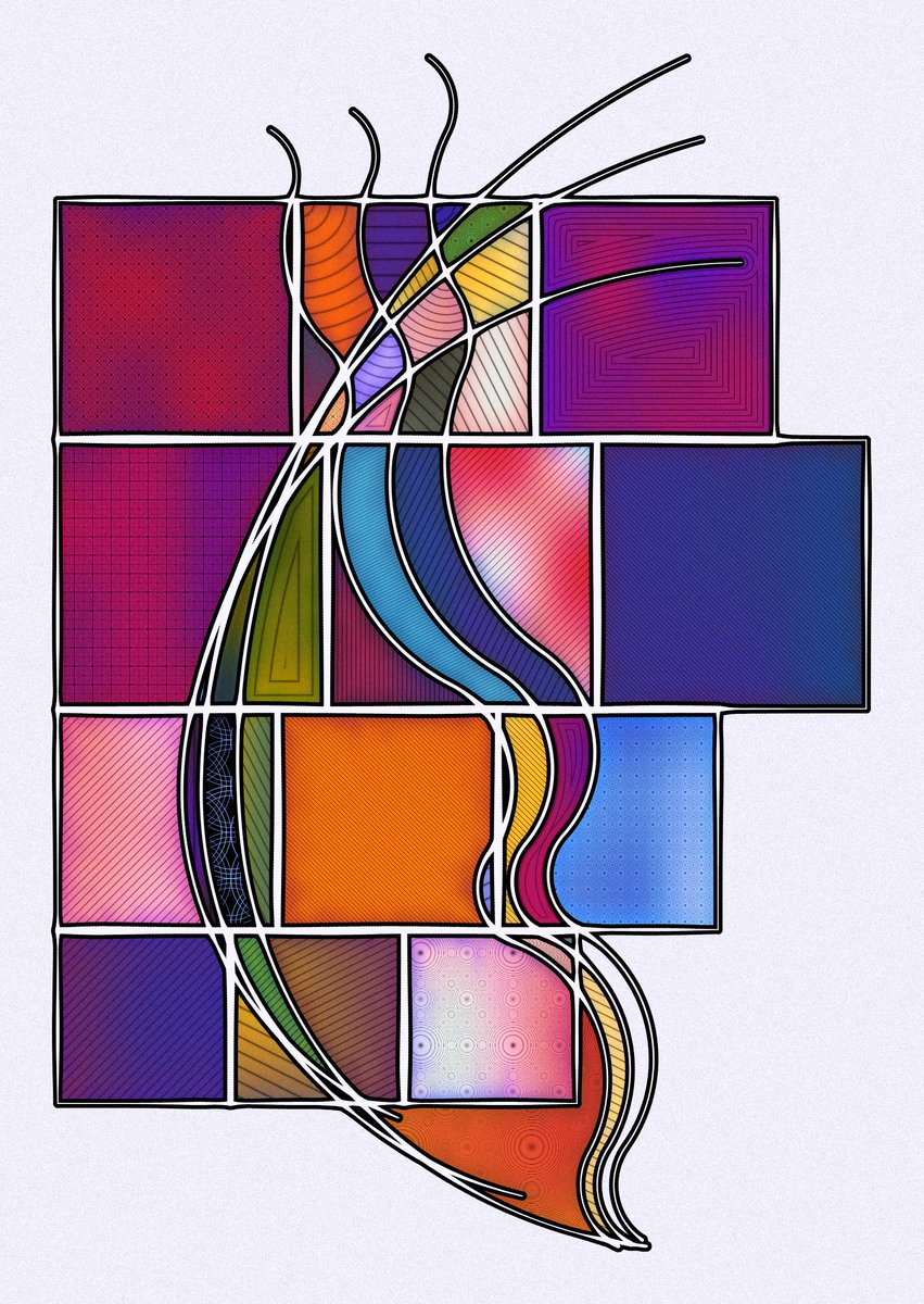 r1b2art's tweet image. Sunday art prompt:
Draw a few squares and 2 groups of lines, then 
fill the shapes created by the intersections with color and/or texture.