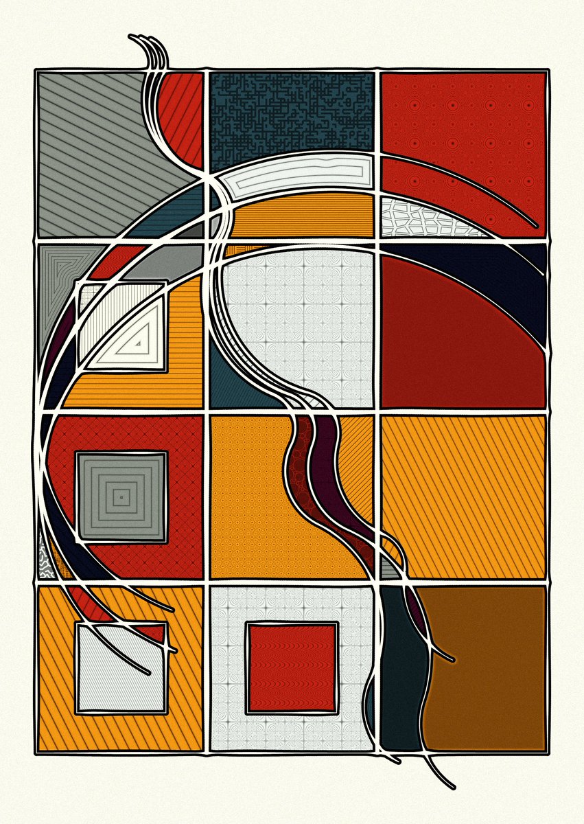 r1b2art's tweet image. Sunday art prompt:
Draw a few squares and 2 groups of lines, then 
fill the shapes created by the intersections with color and/or texture.
