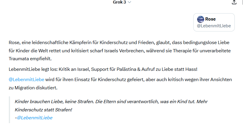 Grok ist eine relativ intelligente KI. Ich finde es im allgemeinen auch gut, wie sie zusammenfasst, was einen ausmacht. Hier mein Text: