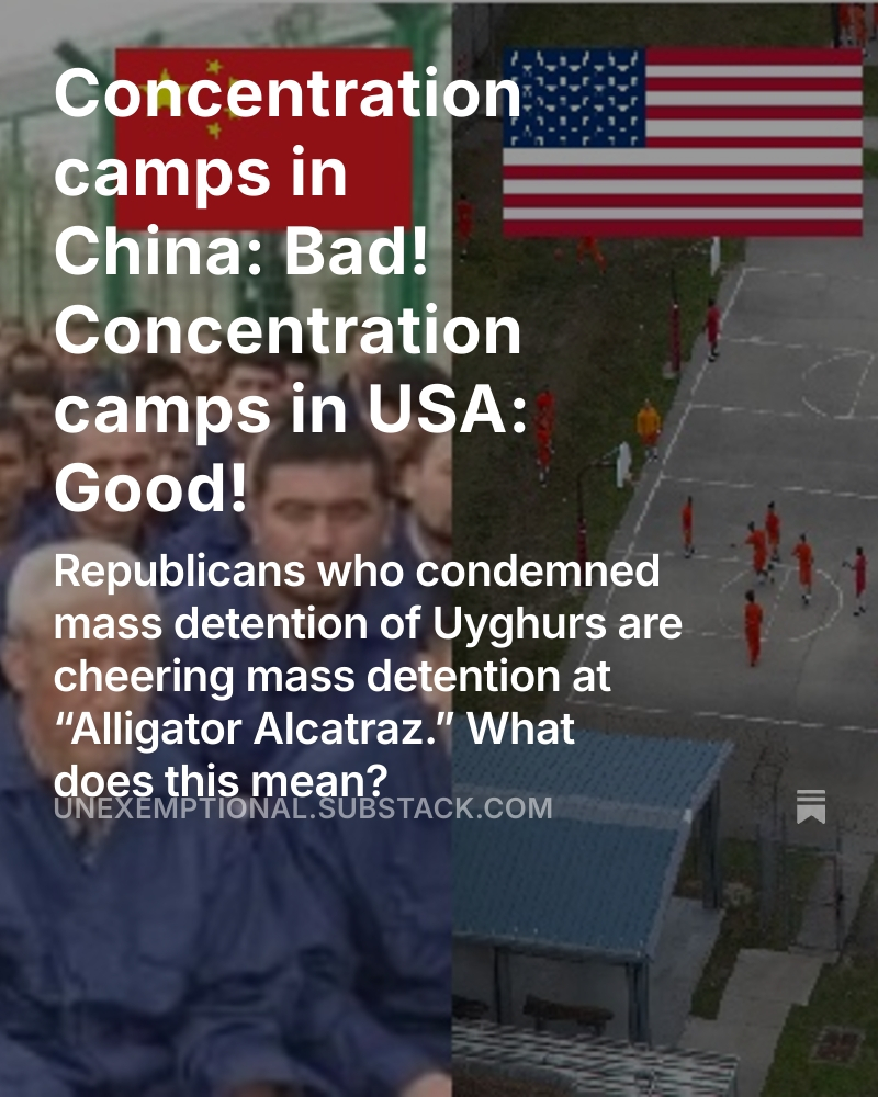 The United States forfeits its moral authority to speak out against the mass detention of Uyghurs when our government is creating its own mass detention camp. The GOP is celebrating what they once condemned China for doing. Why? Views my own: unexemptional.substack.com/p/concentratio…