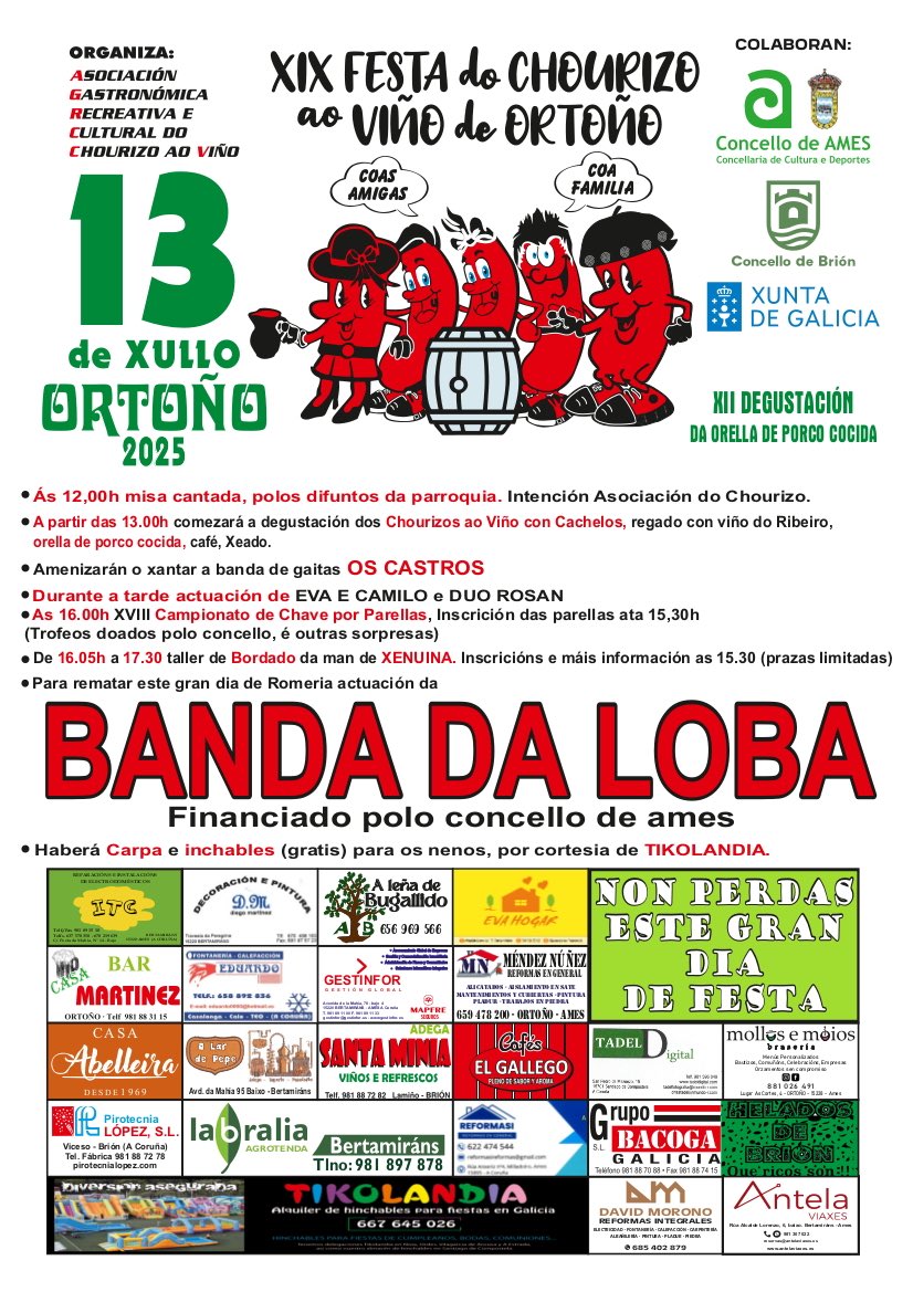 O domingo 13 de xullo celébrase a XIX Festa do Chourizo ao Viño de Ortoño🍷

Toda a ℹ️🔗bit.ly/44kqyne

#FestaDoChourizoAoViño #Ortoño #Ames #AmesEnFestas