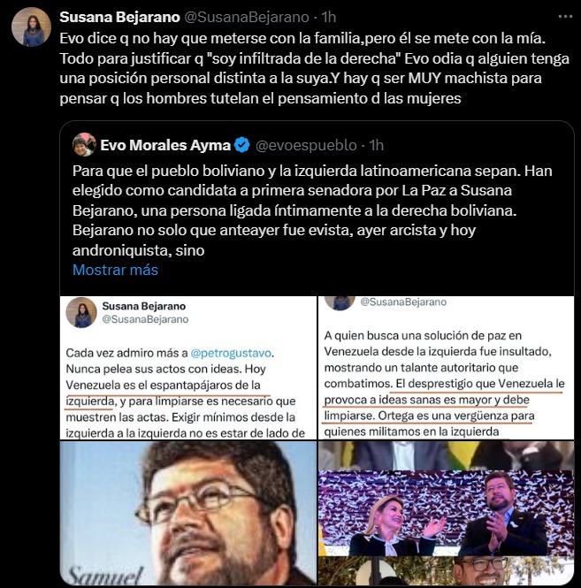 AsuntoCentral's tweet photo. #AsuntosCentrales| Evo Morales descalificó la candidatura de Susana Bejarano al Senado por la Alianza Popular, acusándola de tener vínculos con la derecha boliviana. Bejarano negó las acusaciones y denunció una campaña de difamación en su contra. https://t.co/7xcBJ4bZlt